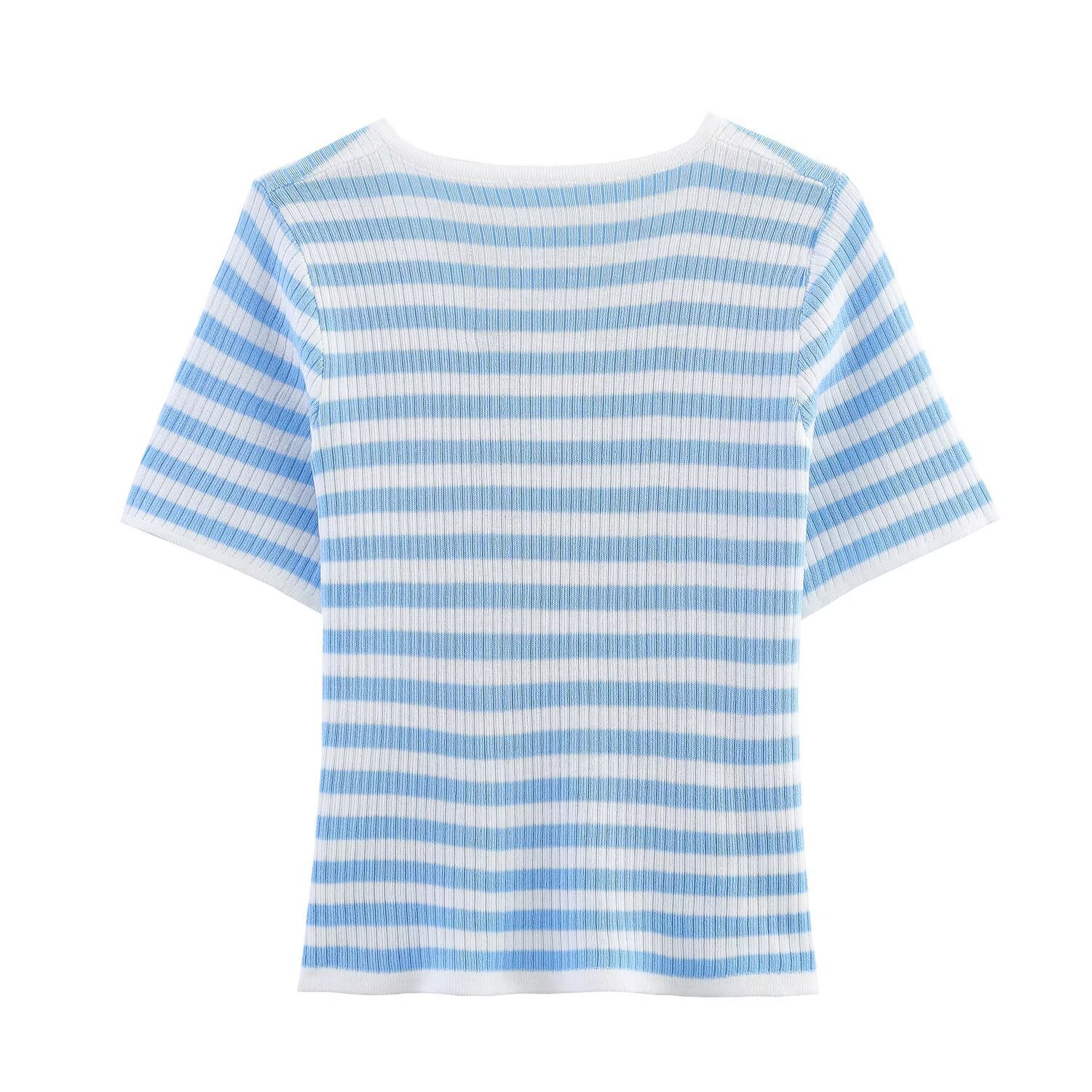 Sweet Three-Button Striped Knit Pullover