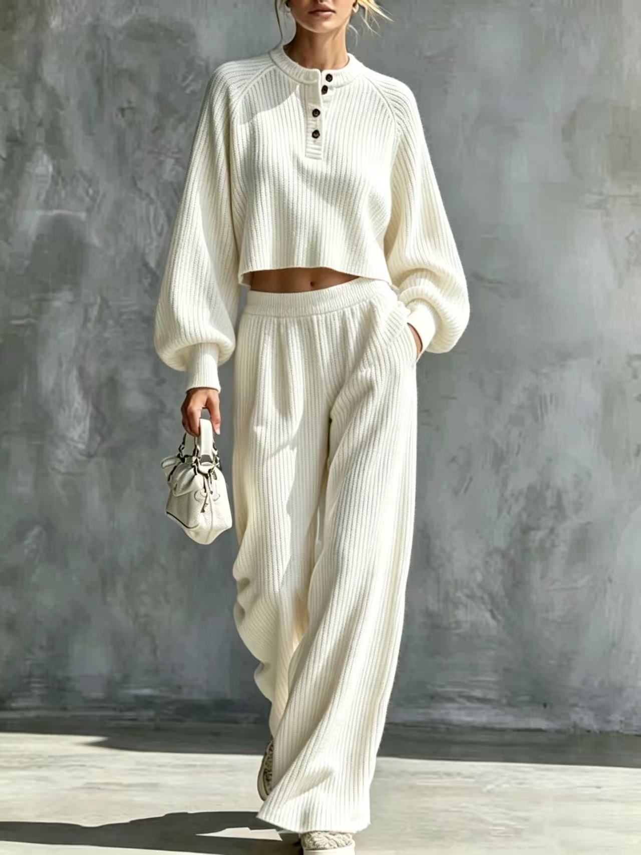 Women's Solid Color Knit Button-Down Loose Two-Piece Set