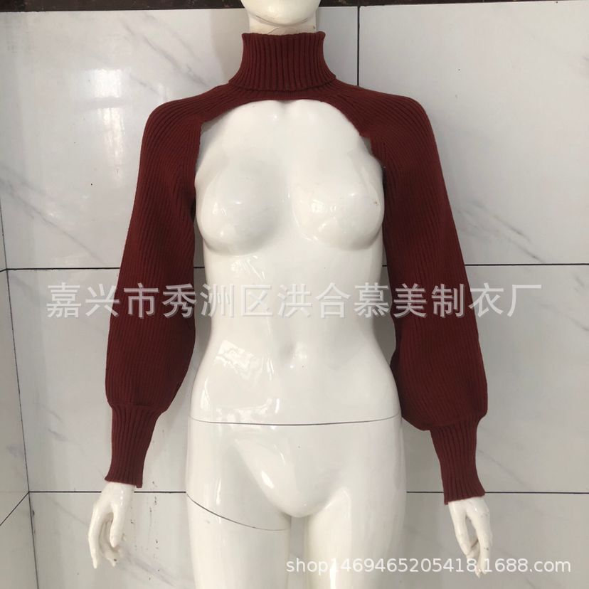 Women's Lantern Sleeve Turtleneck Knit Sweater with Knit Sleeves Solid Color