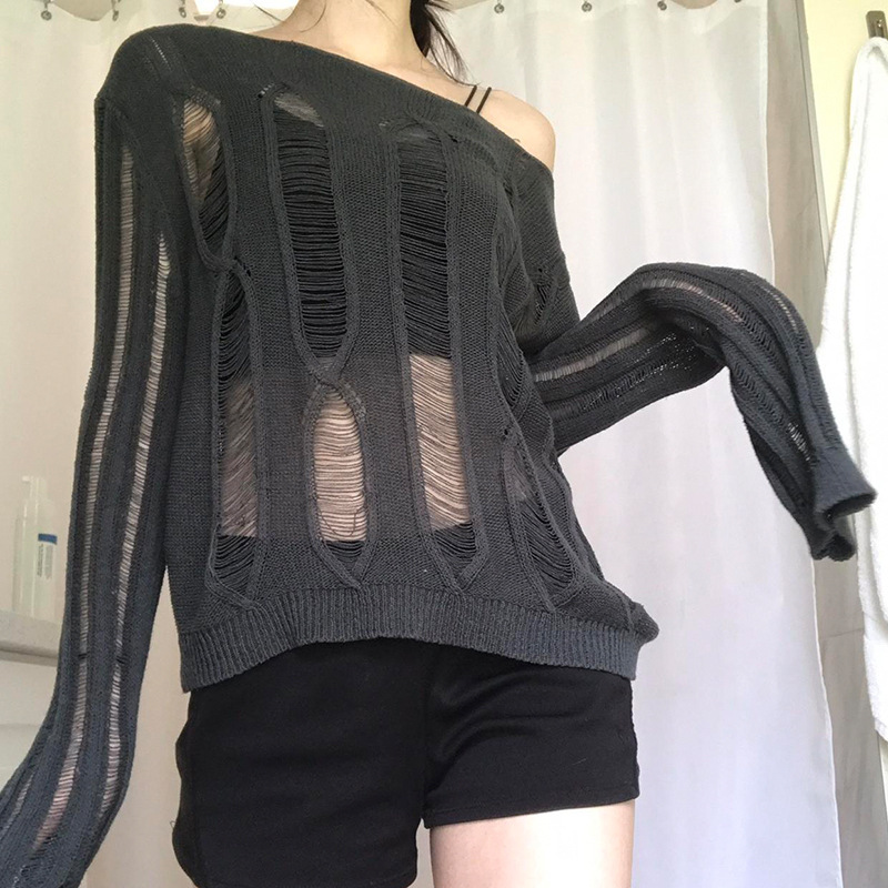 Women's Round Neck Long Sleeve Hollow Out Knit Sweater Loose Casual Pullover