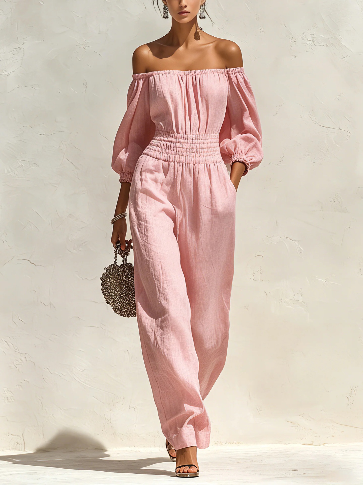 Women's Off-Shoulder Long Sleeve Wide Leg Jumpsuit with Elastic Waist