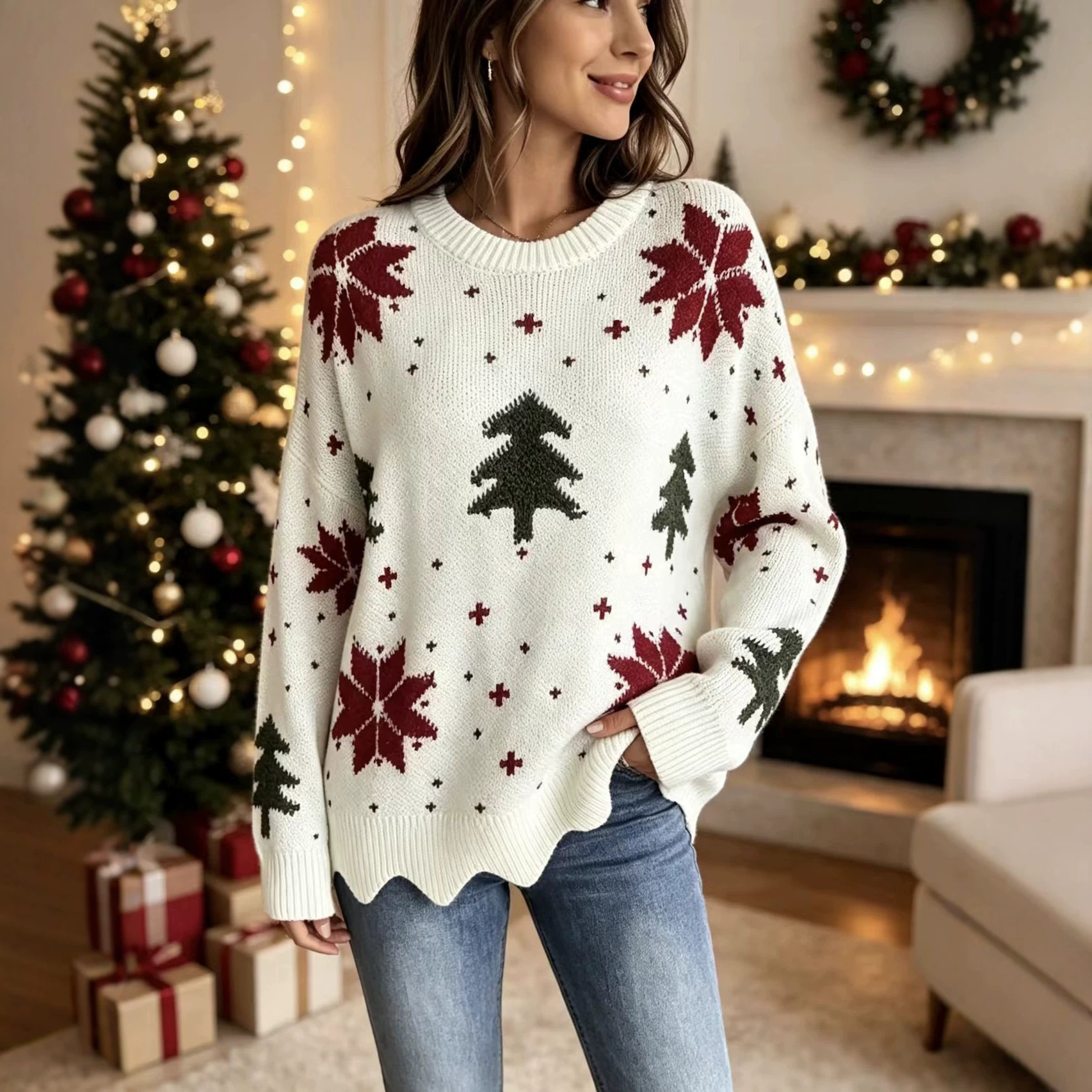 Christmas Jacquard Crewneck Knit Sweater Unisex Loose Fit