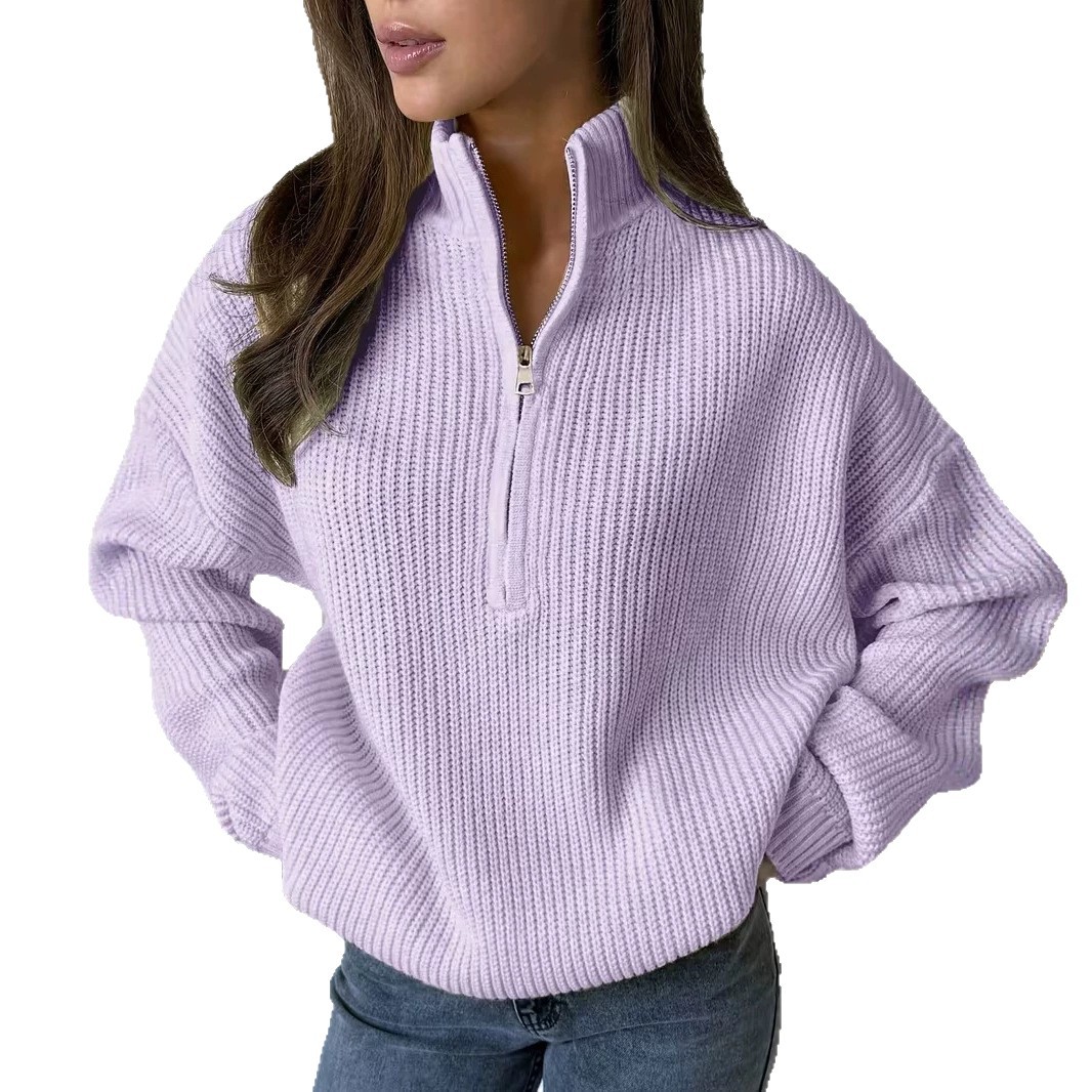 Loose Fit Knit Pullover Sweater with Zip Turtleneck