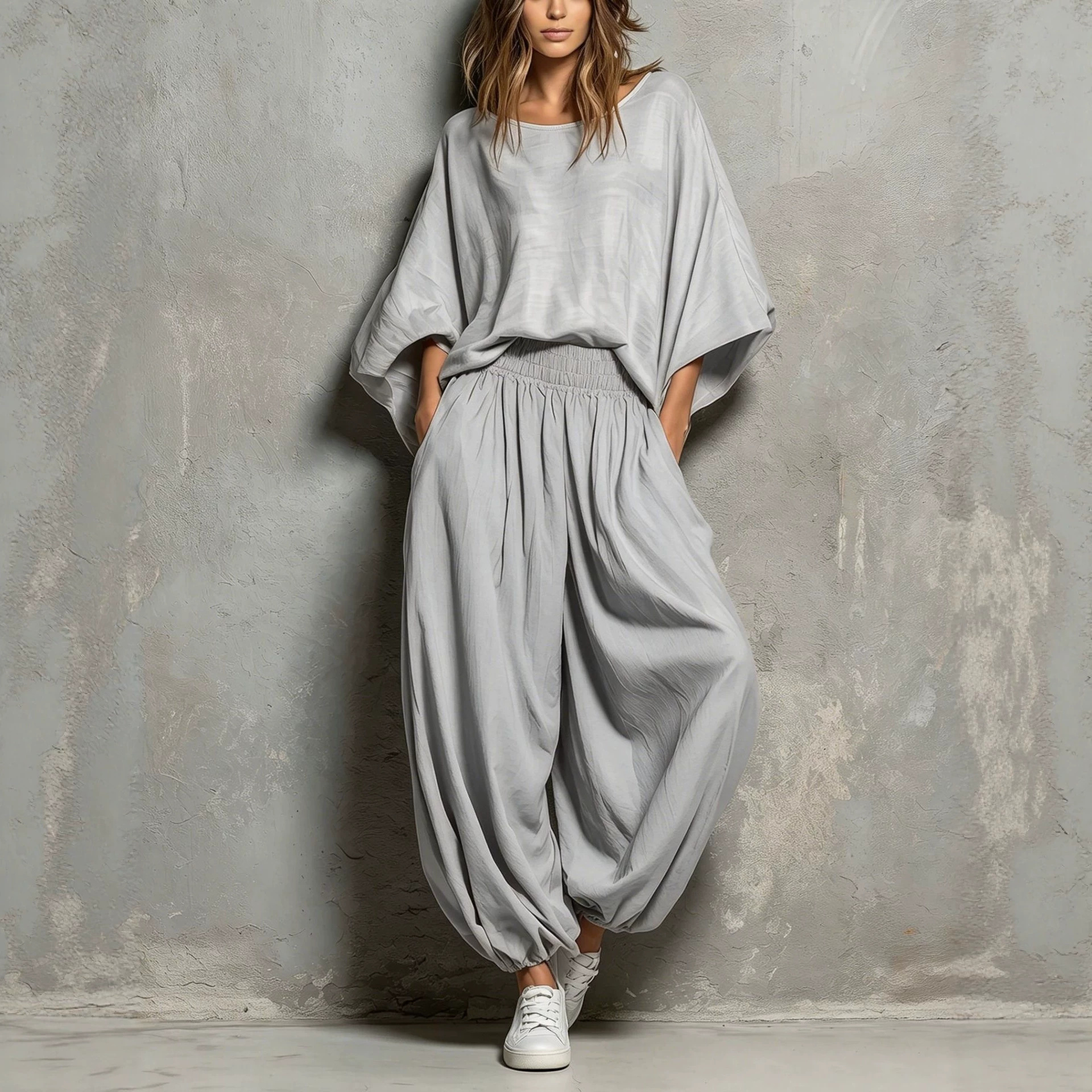 Women's Casual Crewneck Loose Top & Wide-Leg Pants Two-Piece Set