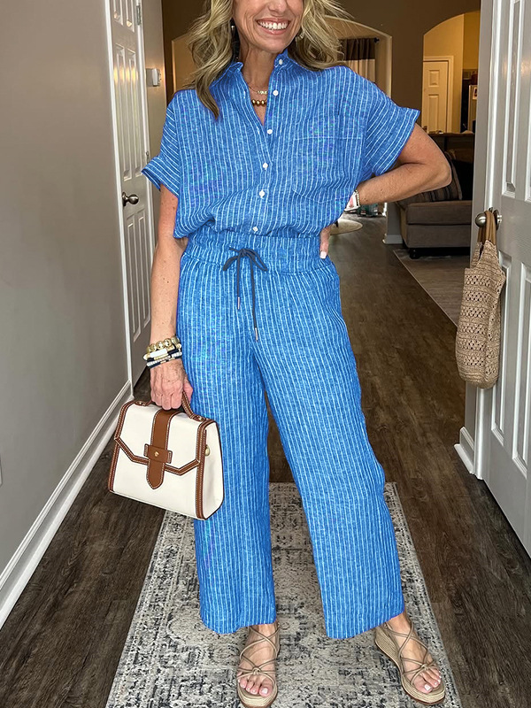 Women's Striped Two-Piece Set with Collared Short Sleeve Top and Straight-Leg Pants
