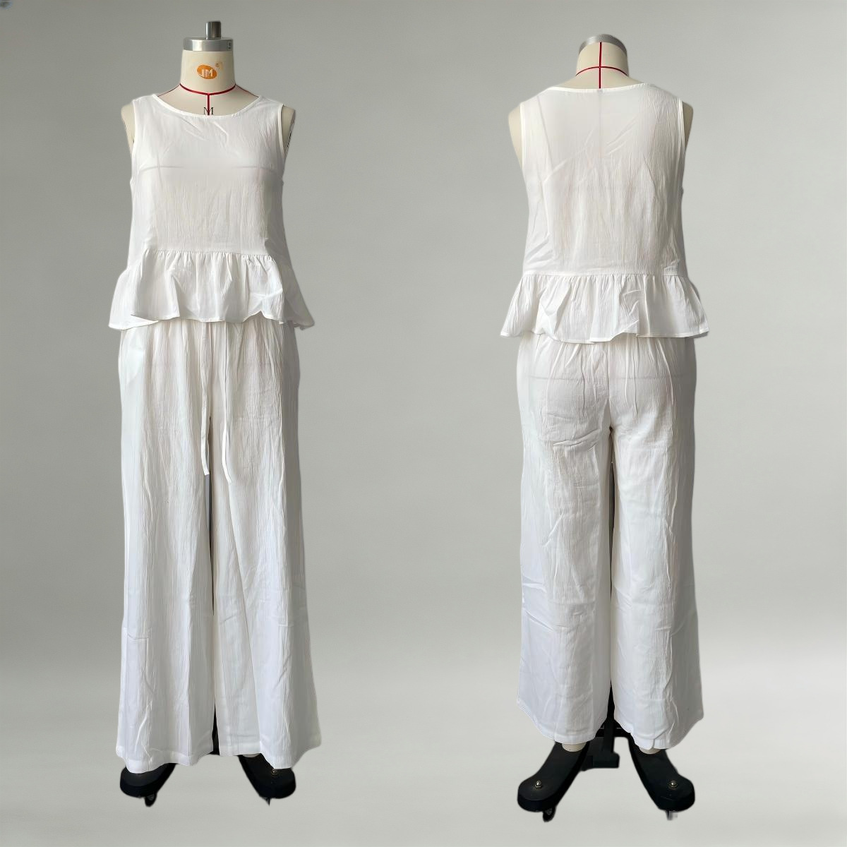 Women's Cotton-Linen Ruffle Sleeveless Wide-Leg Pants Set