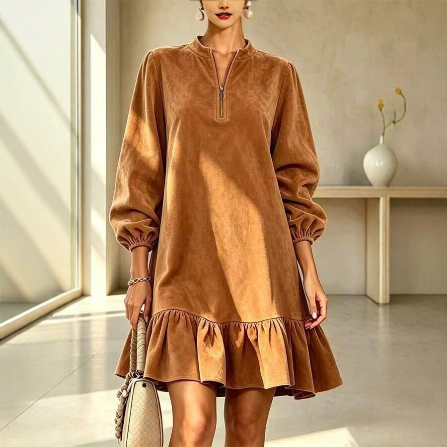 Faux Suede Dress with Lantern Sleeves and Ruffle Half-Zip Stand Collar