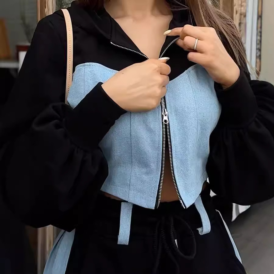 Women's Denim Patchwork Hoodie and Pants Two-Piece Set
