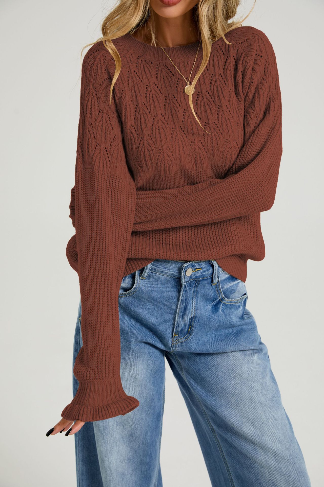Women's Crewneck Knit Sweater Solid Color Long Sleeve Pullover