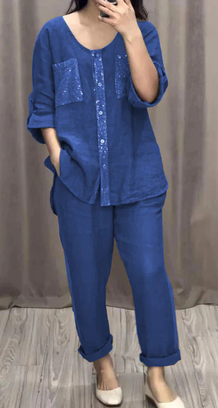 Women's Casual Two-Piece Set with Pockets, Button Placket, and Gold Accents, Round Neck
