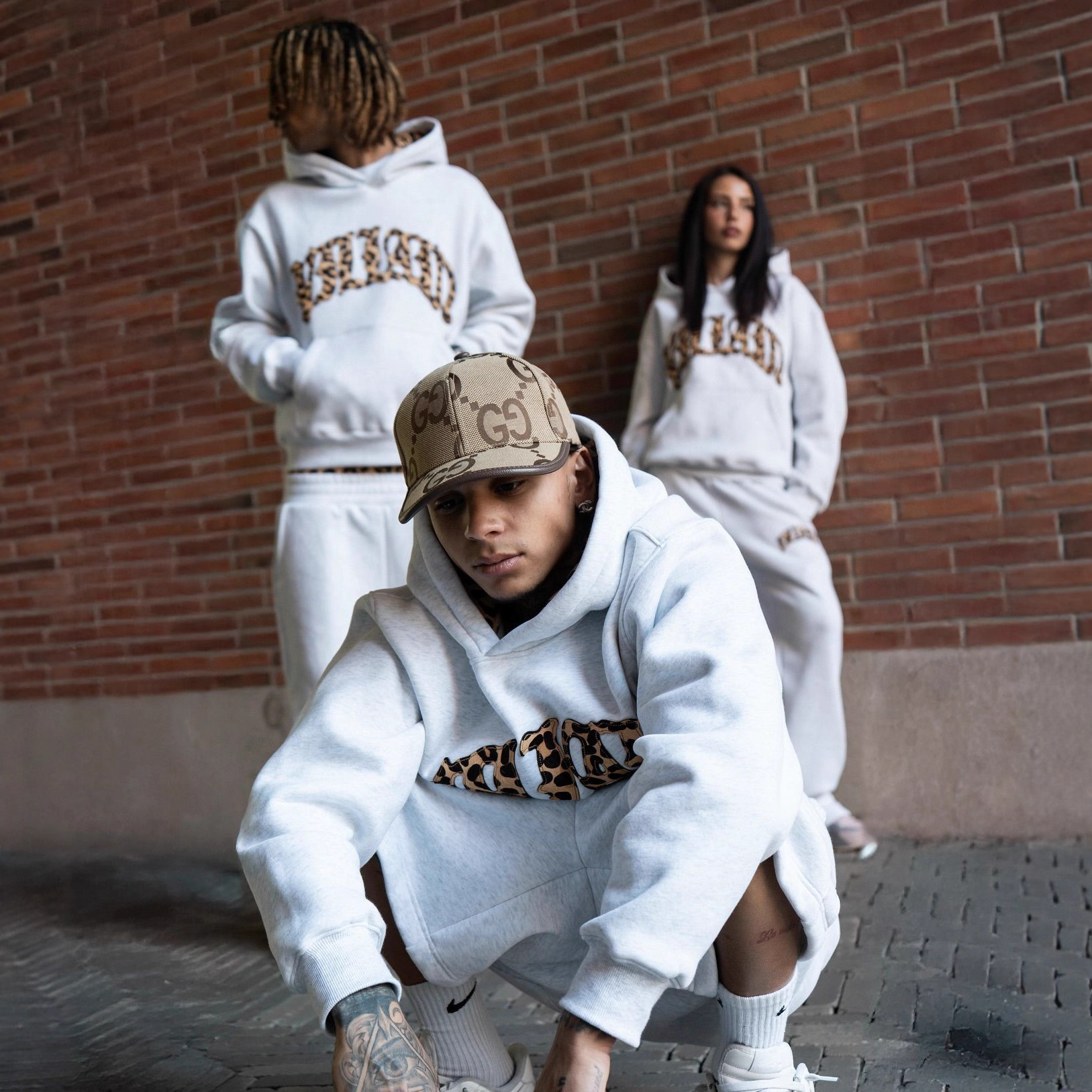 Unisex Leopard Print Embroidered Hoodie Set with Lined Hood