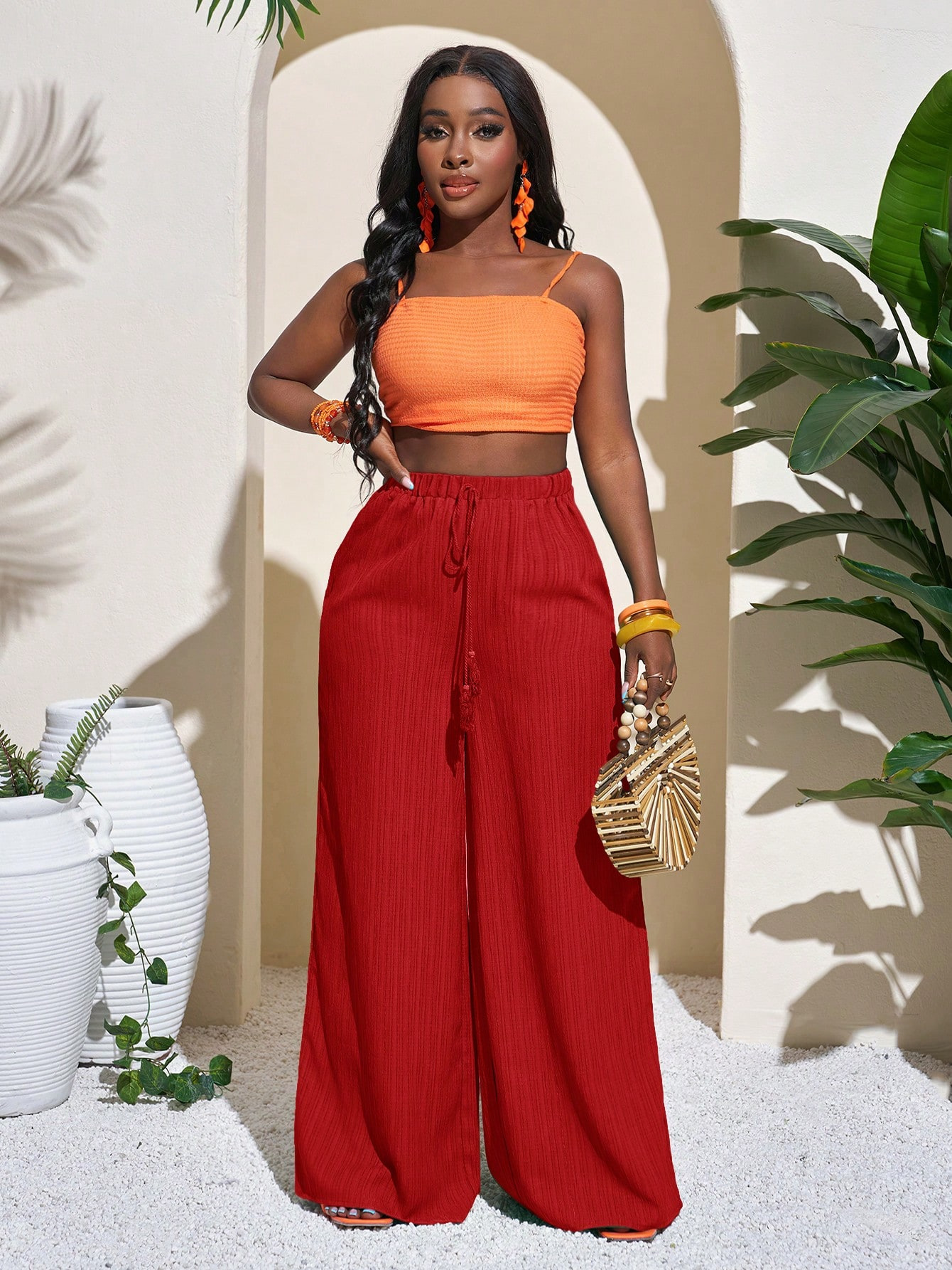 Women's High-Waist Wide-Leg Pants Casual Solid Color Drawstring