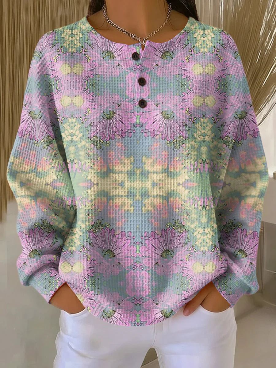 Women's Plaid Tree Floral Polka Dot Print Button Sweatshirt