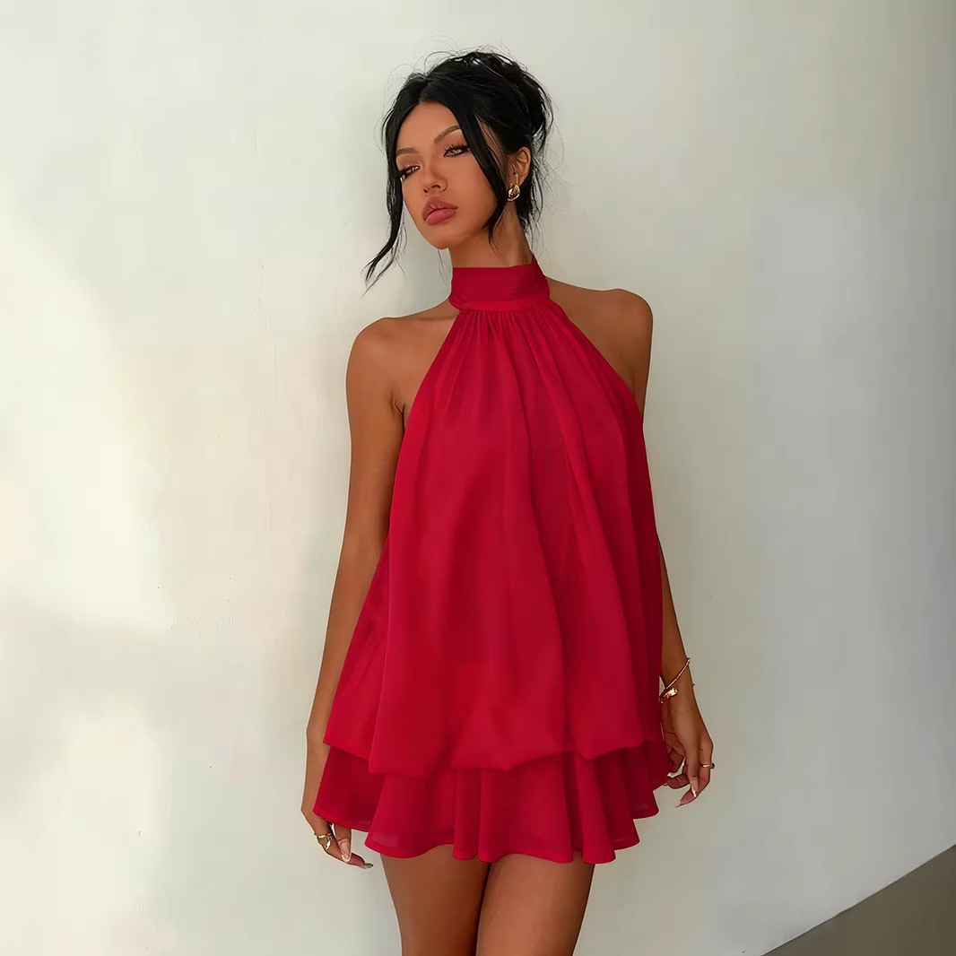 Solid Halter Open-Back Fitted Top Puff Mini Dress