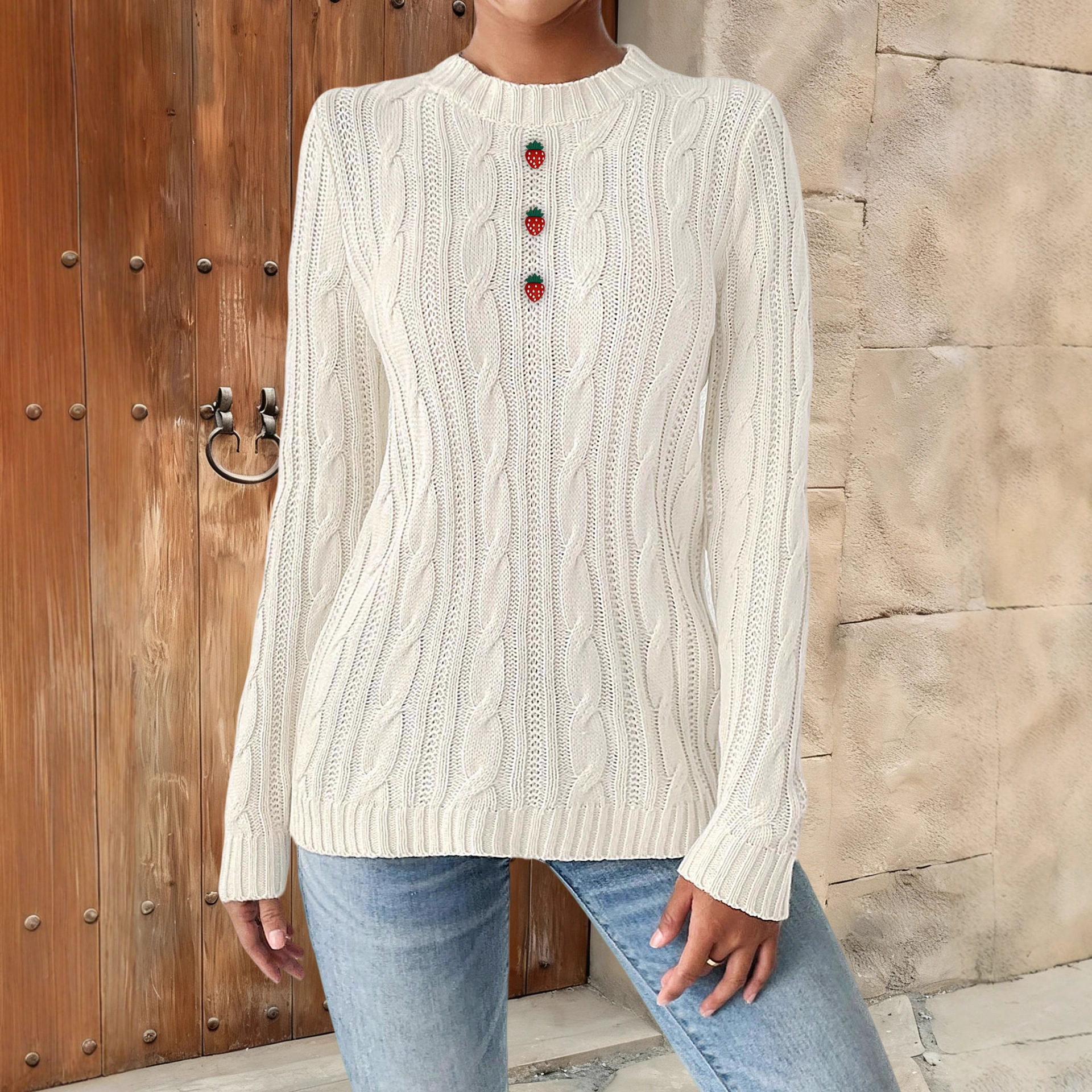 Women's Strawberry Button Crewneck Pullover Knit Sweater
