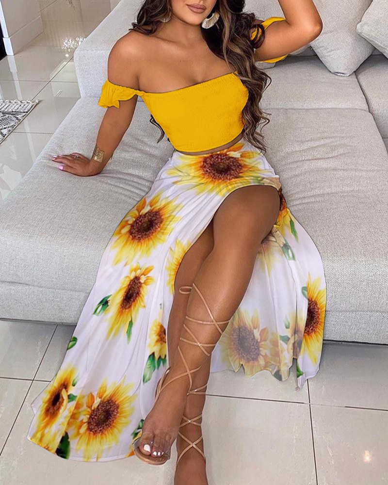 Women's Slim Fit French Bohemian Print Midi Strapless Two-Piece Dress Set