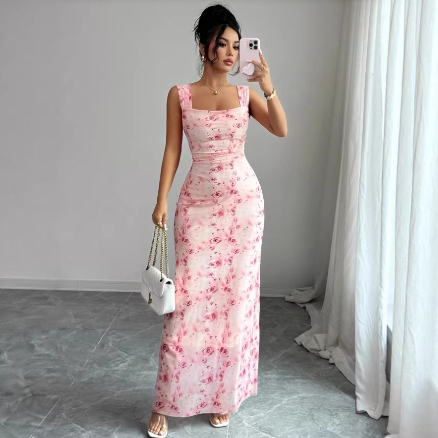 Slim-Fit Floral Print Sleeveless Long Dress
