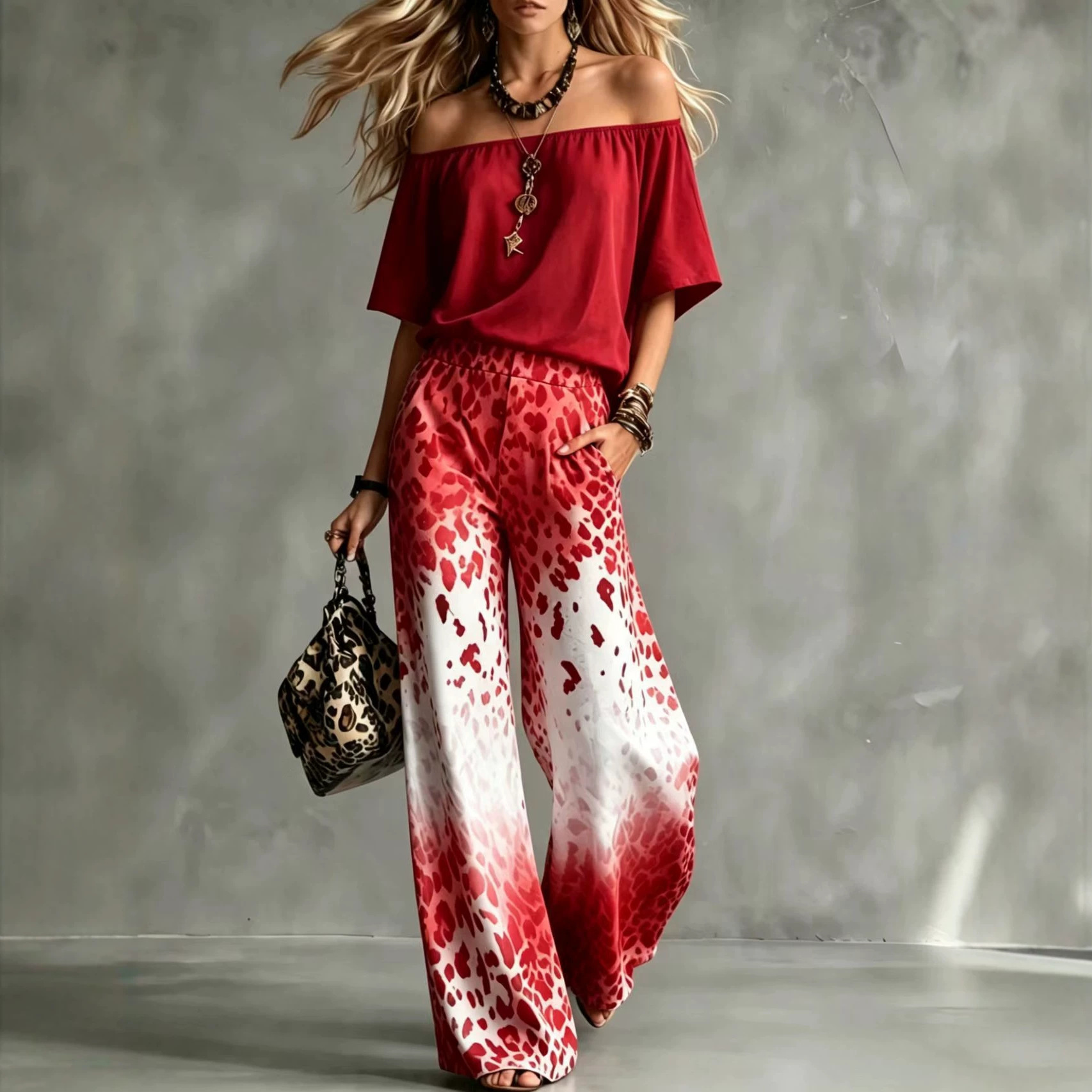 Leopard Gradient Off-Shoulder Top & Wide-Leg Pants Set