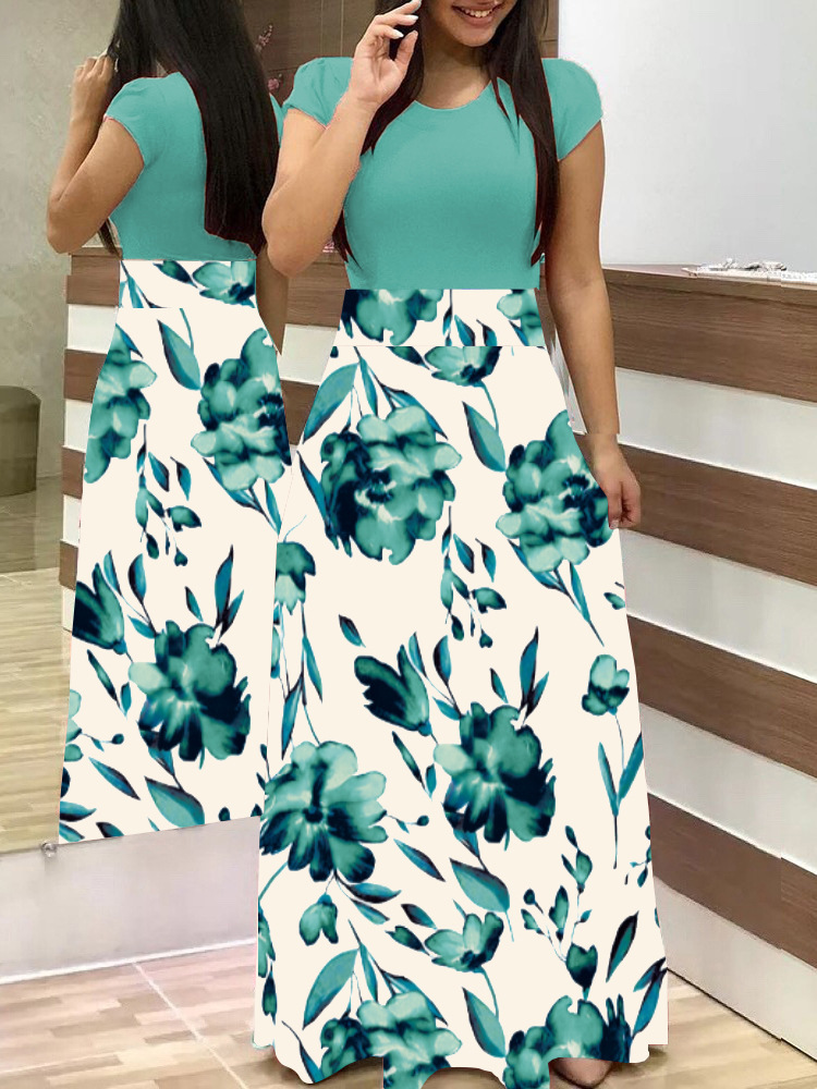 Floral Print Colorblock Long & Short Sleeve Dress