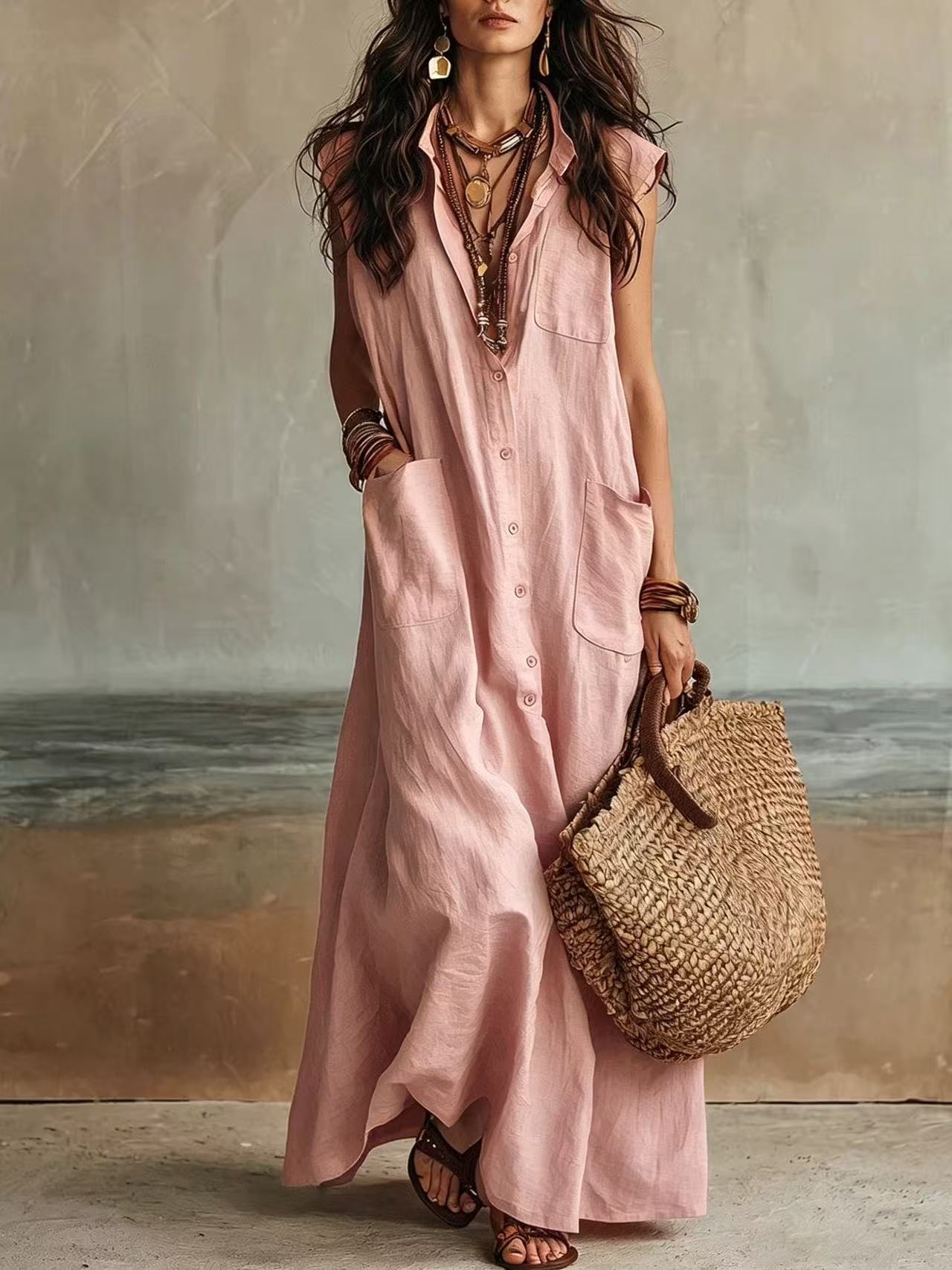 Off-Shoulder Boho Shirt Dress Loose Fit Long