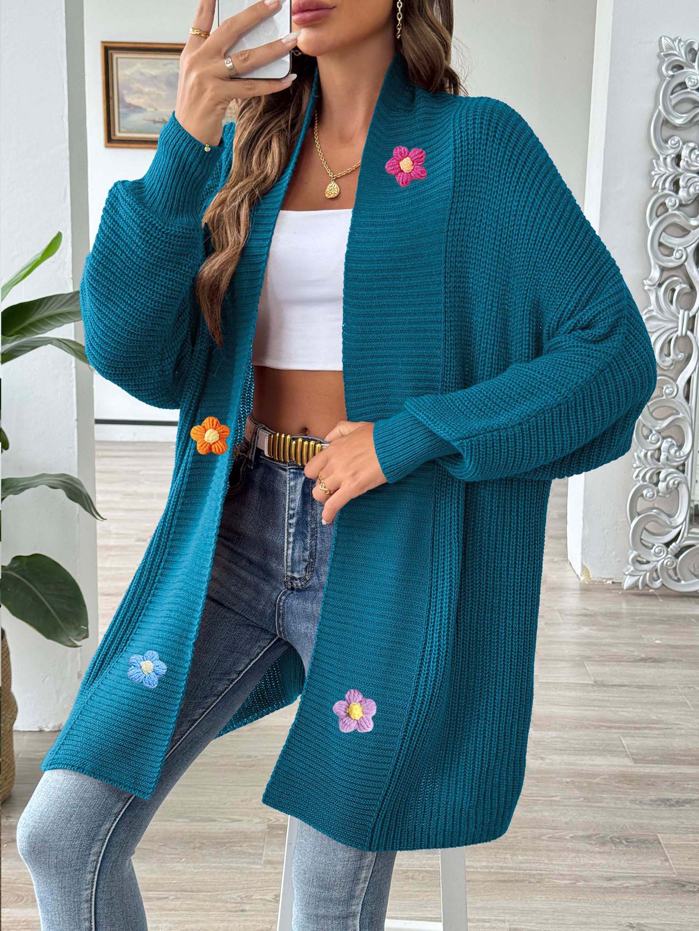 Women's Hand-Crochet Floral Patchwork Loose Cardigan Sweater