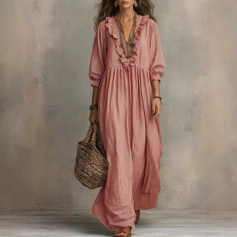 Striped Ruffle High-Waist V-Neck Loose Casual Dress