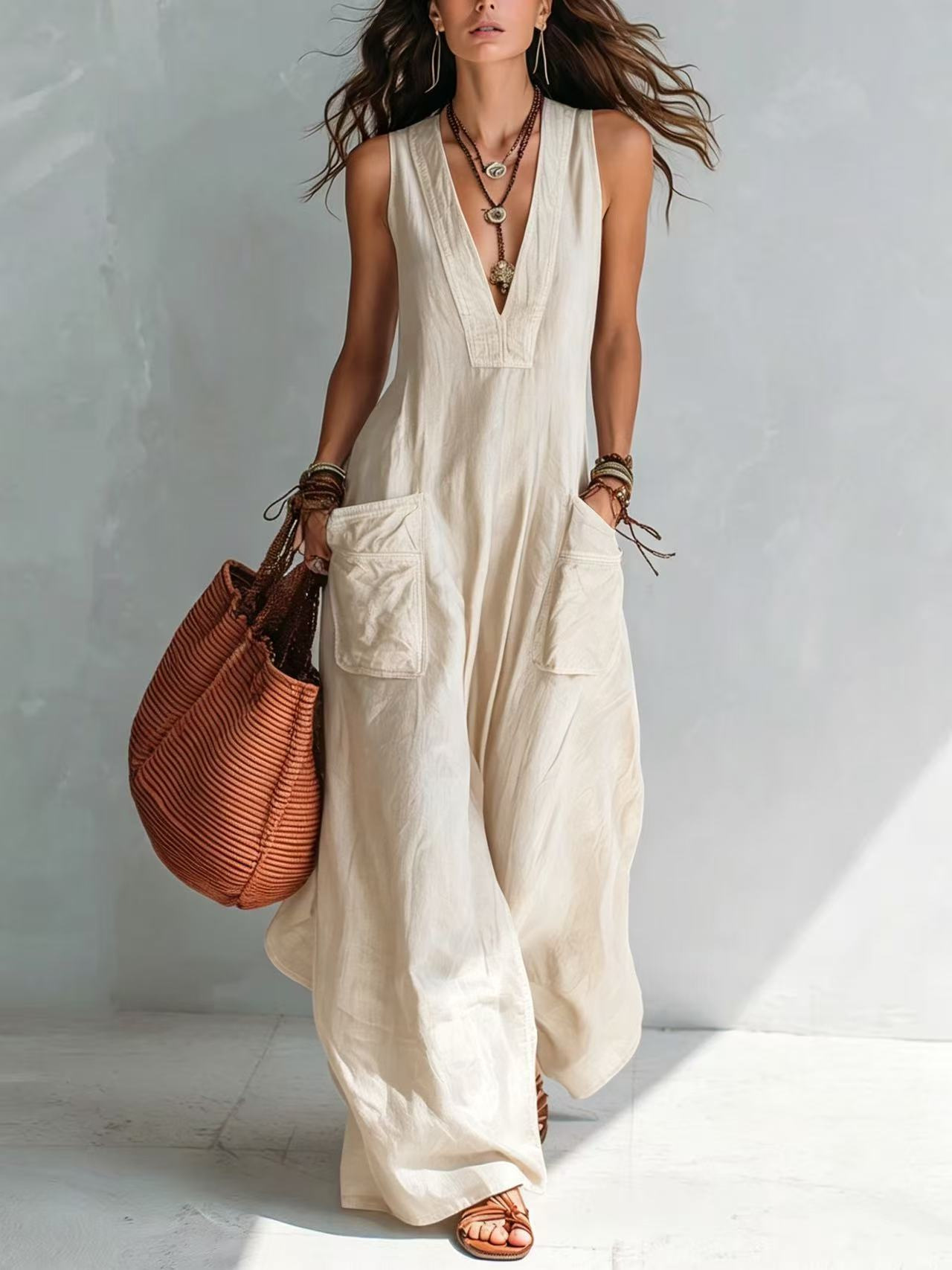 Sleeveless V-Neck Wide-Leg Jumpsuit with Pockets
