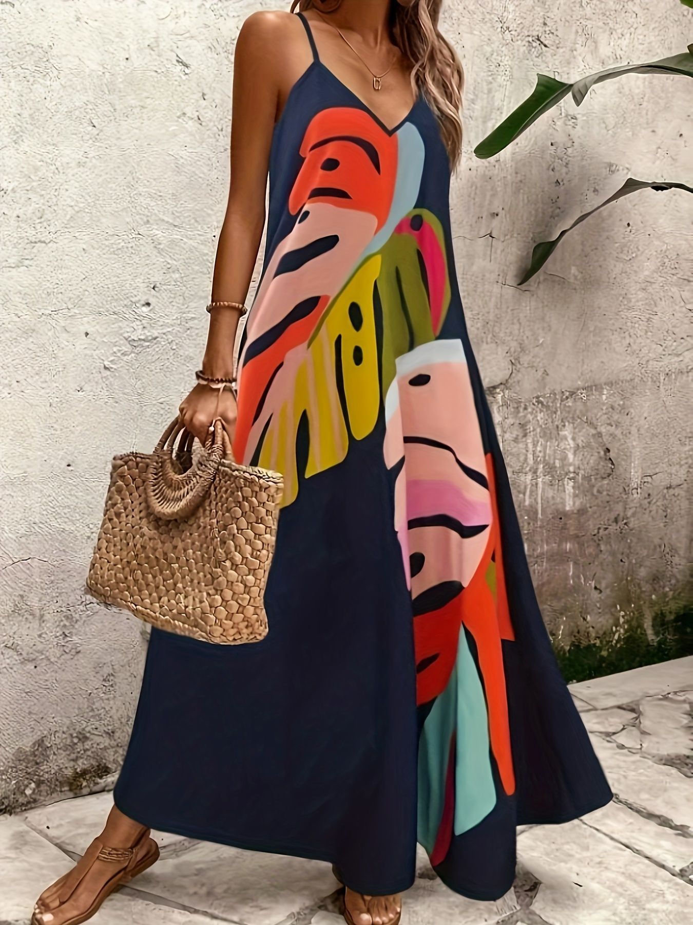 Women's Summer V-Neck Printed Sleeveless Maxi Dress