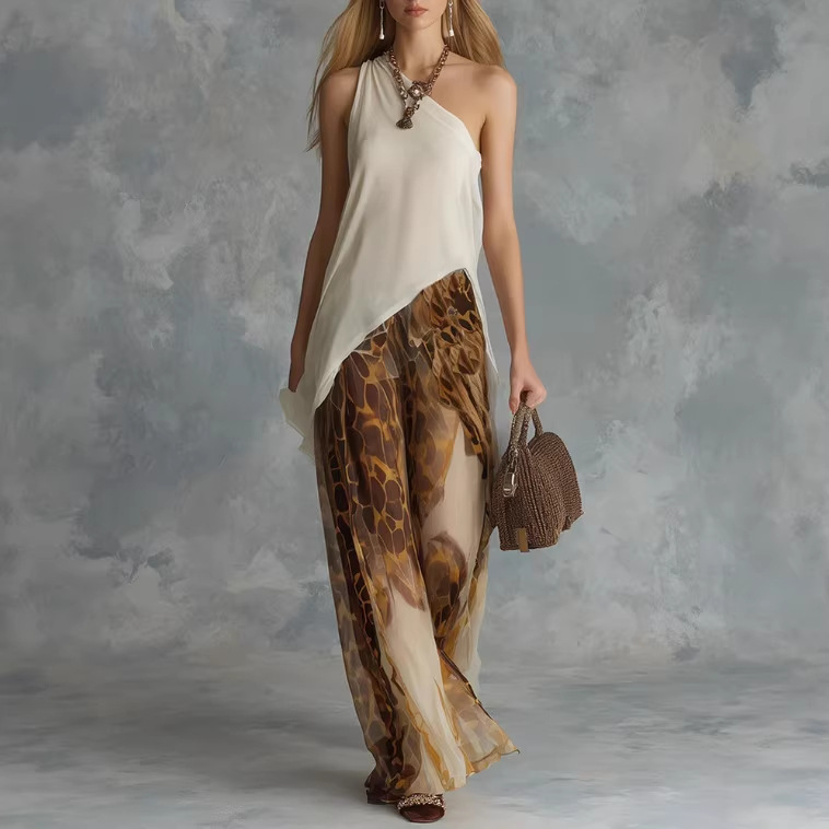 Retro Beige Asymmetric Sleeveless Top and Animal Print Wide-Leg Chiffon Pants Set