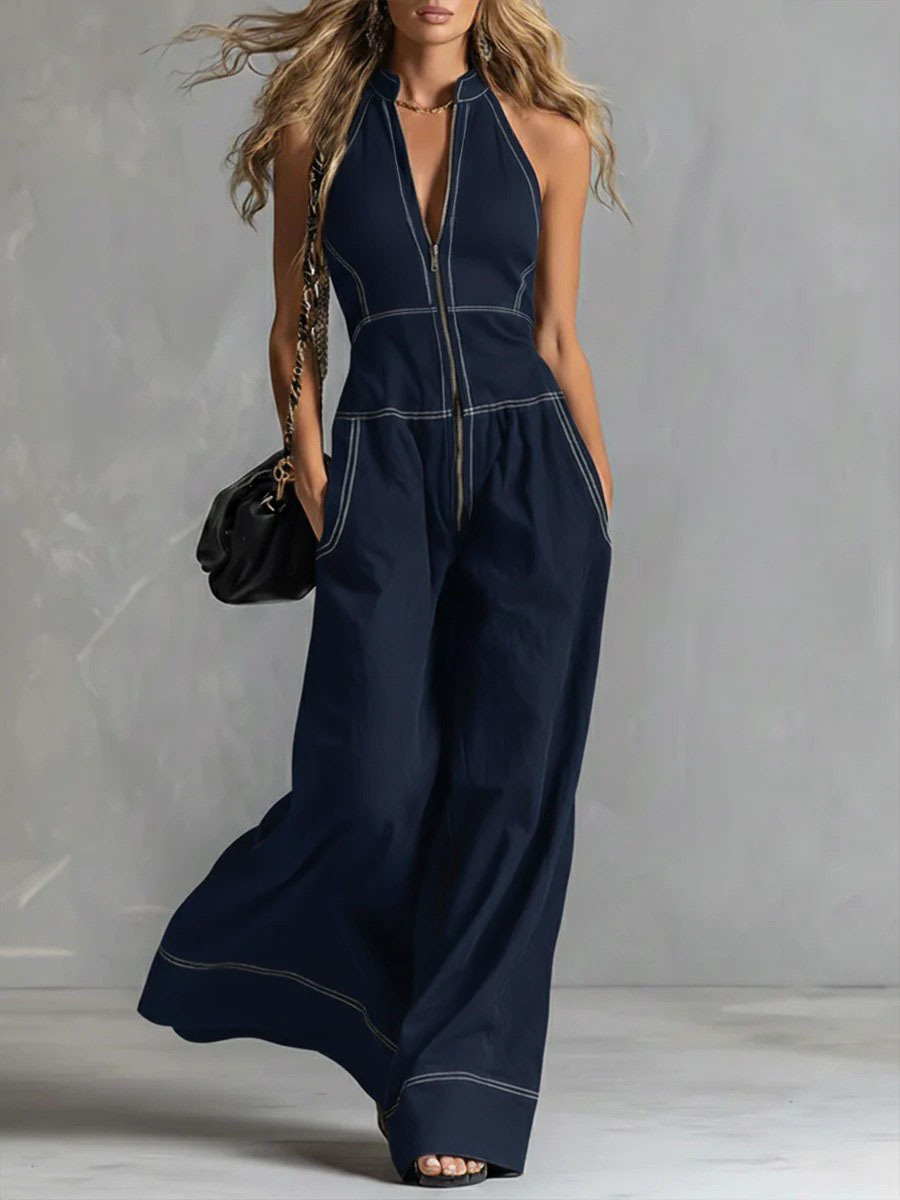 Women's Sleeveless Stand Collar Wide-Leg Jumpsuit
