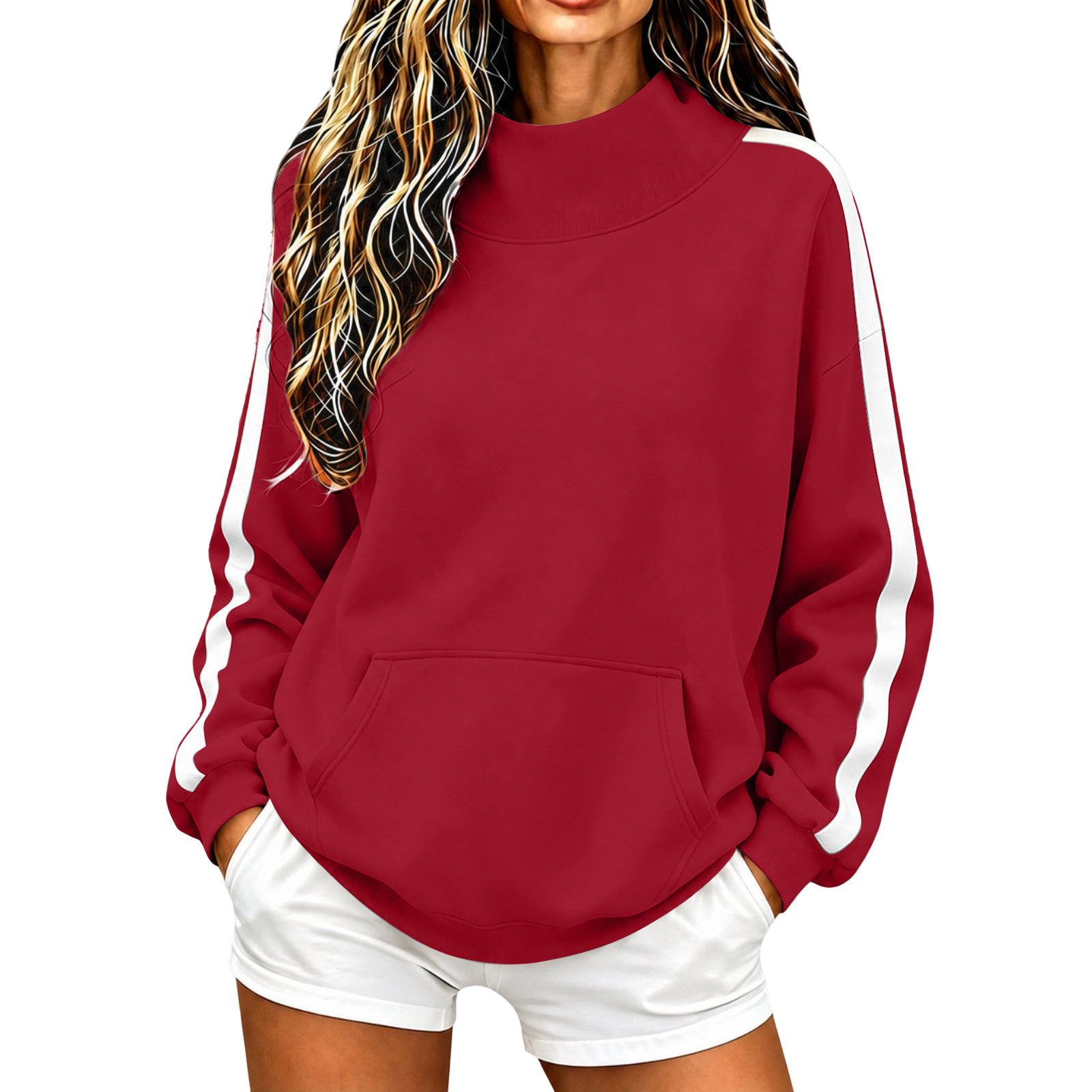 2026 Cross-Border European & American Autumn/Winter New Women's High Neck Ribbed Sweatshirt Loose Casual Sporty Style Sleeve Stripe Sweatshirt Women