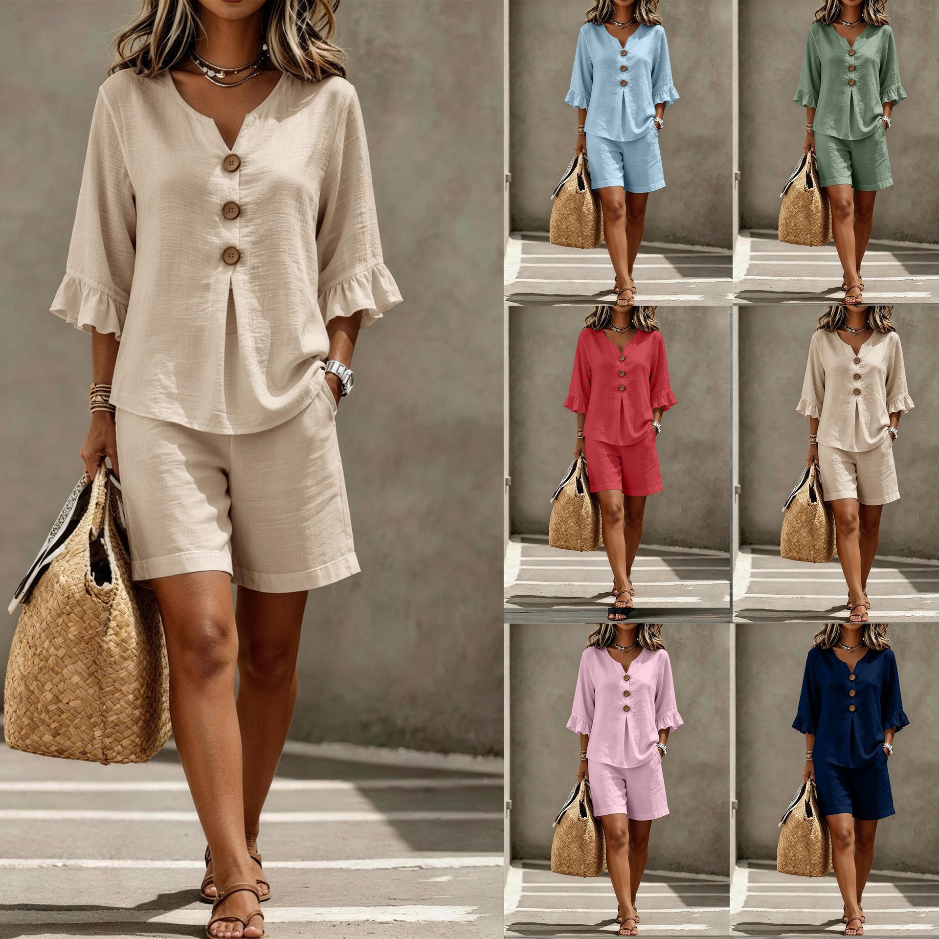 Women's Casual Two-Piece Linen Shorts Set with Button Detail