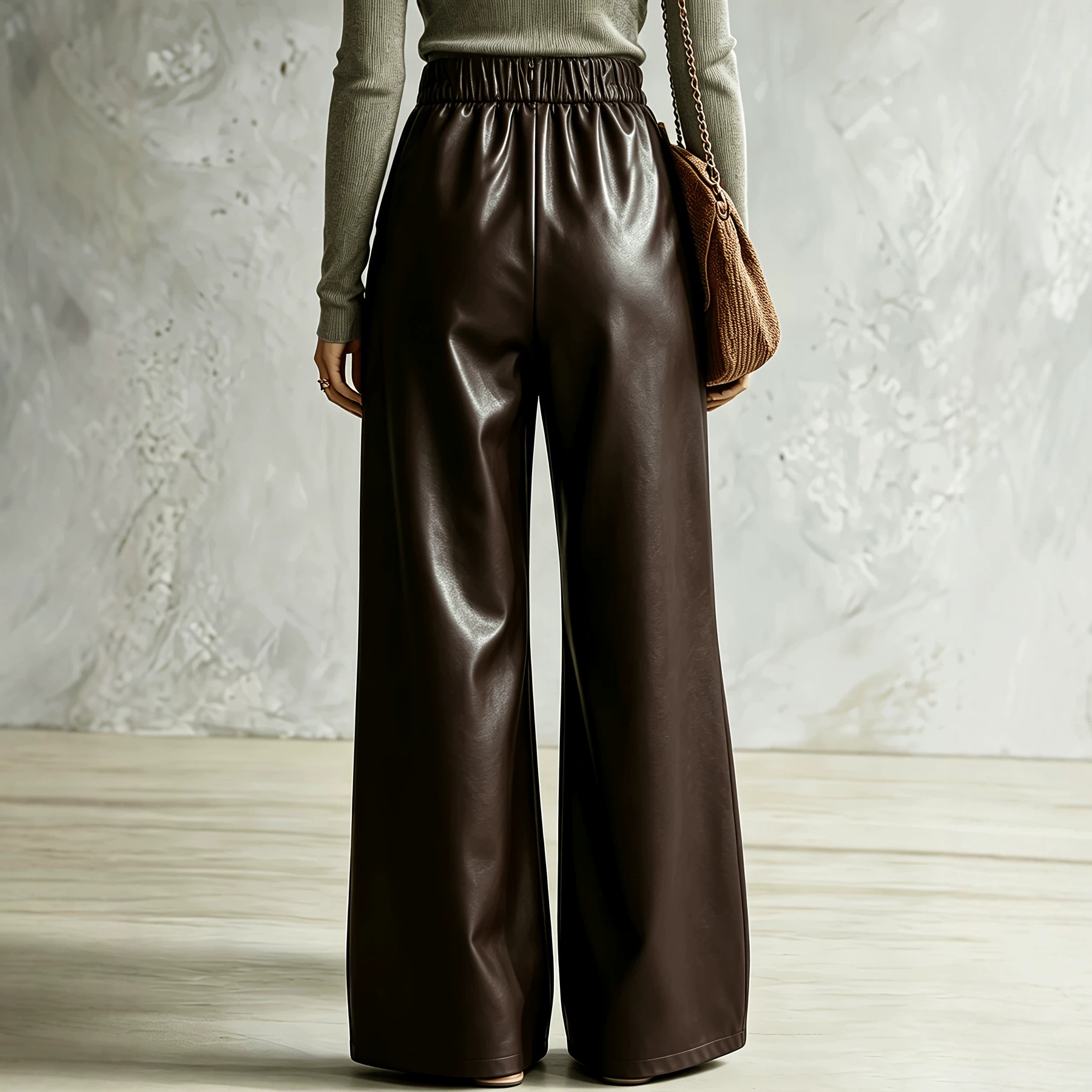 Cross-Wrap High-Waist Faux Leather Wide-Leg Palazzo Pants