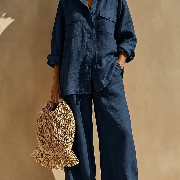 Women's Solid Linen-Blend Long-Sleeve Button-Down Shirt and Wide-Leg Pants Set with Pockets