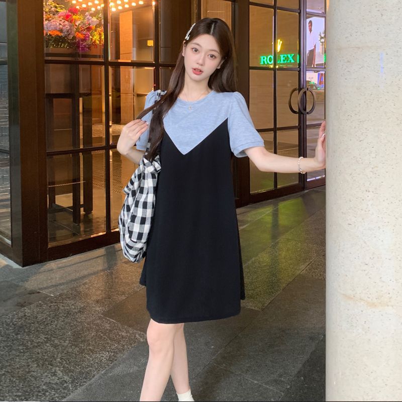 Color-Block Plus Size Short-Sleeve Midi Dress with Faux Two-Piece Design