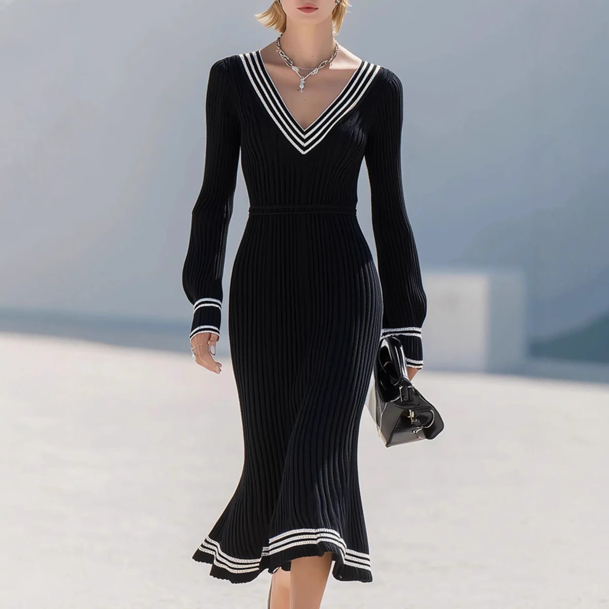 V-Neck Long Sleeve Ribbed Waist-Cinching A-Line Maxi Dress