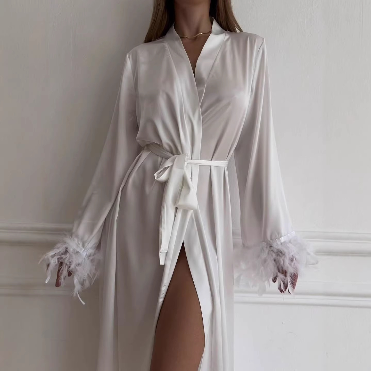 Women's Satin Lace French Style Backless Robe Sleepwear