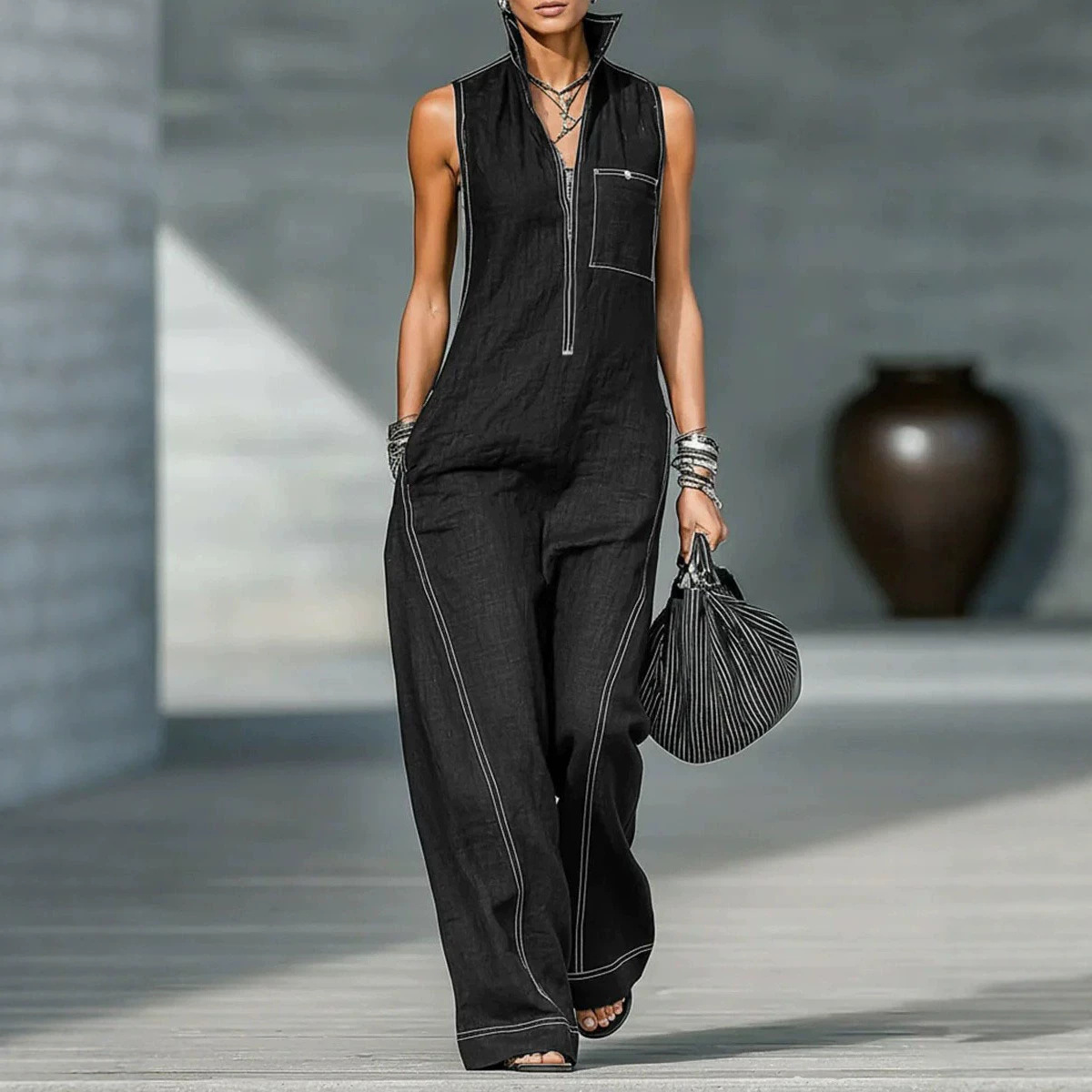 Women's Sleeveless Stand Collar Wide-Leg Jumpsuit