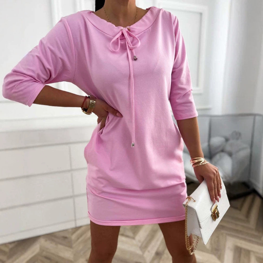 Women's Casual Hooded Sweatshirt Dress with Drawstring Stand Collar