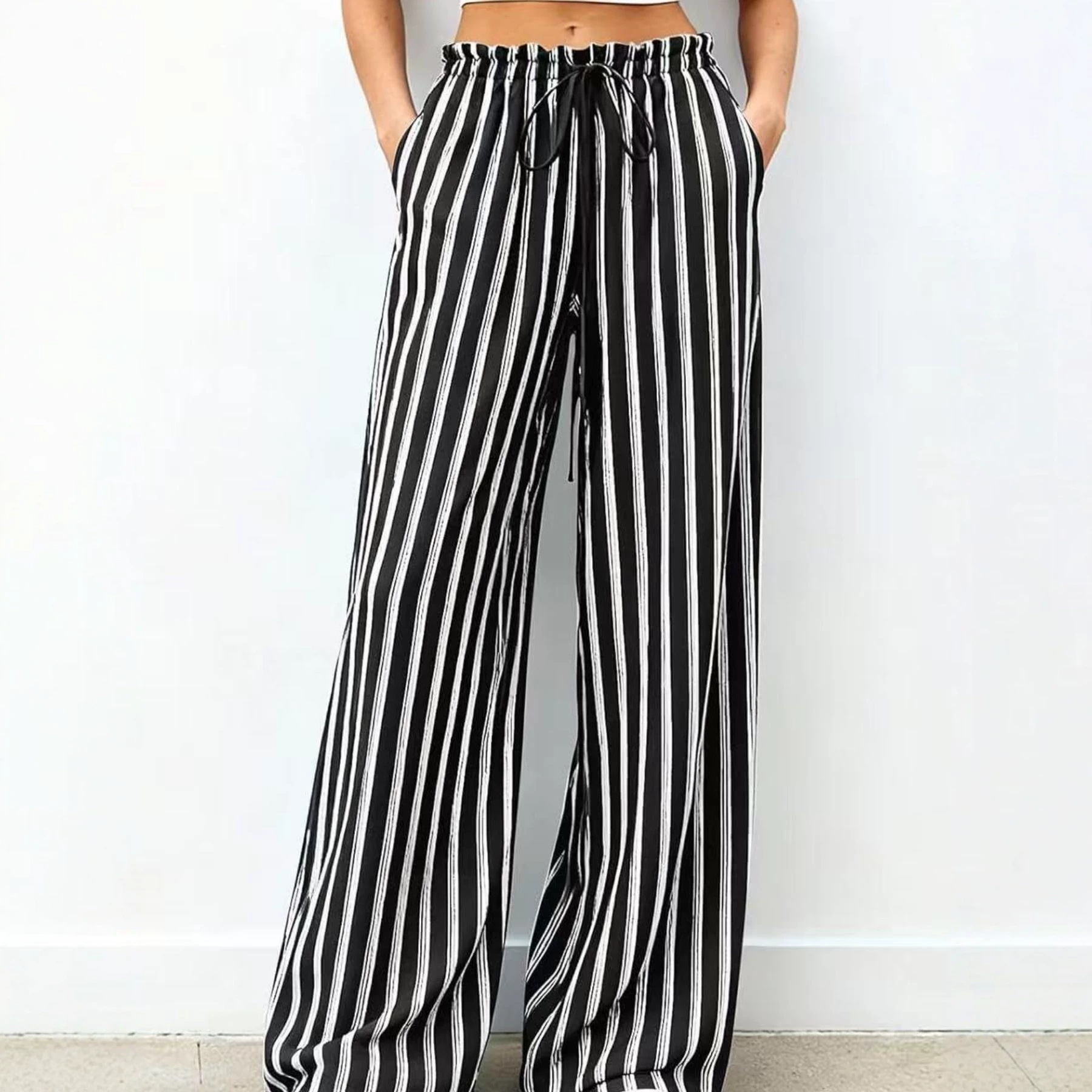 Striped Wide-Leg Pants with Elastic Waist