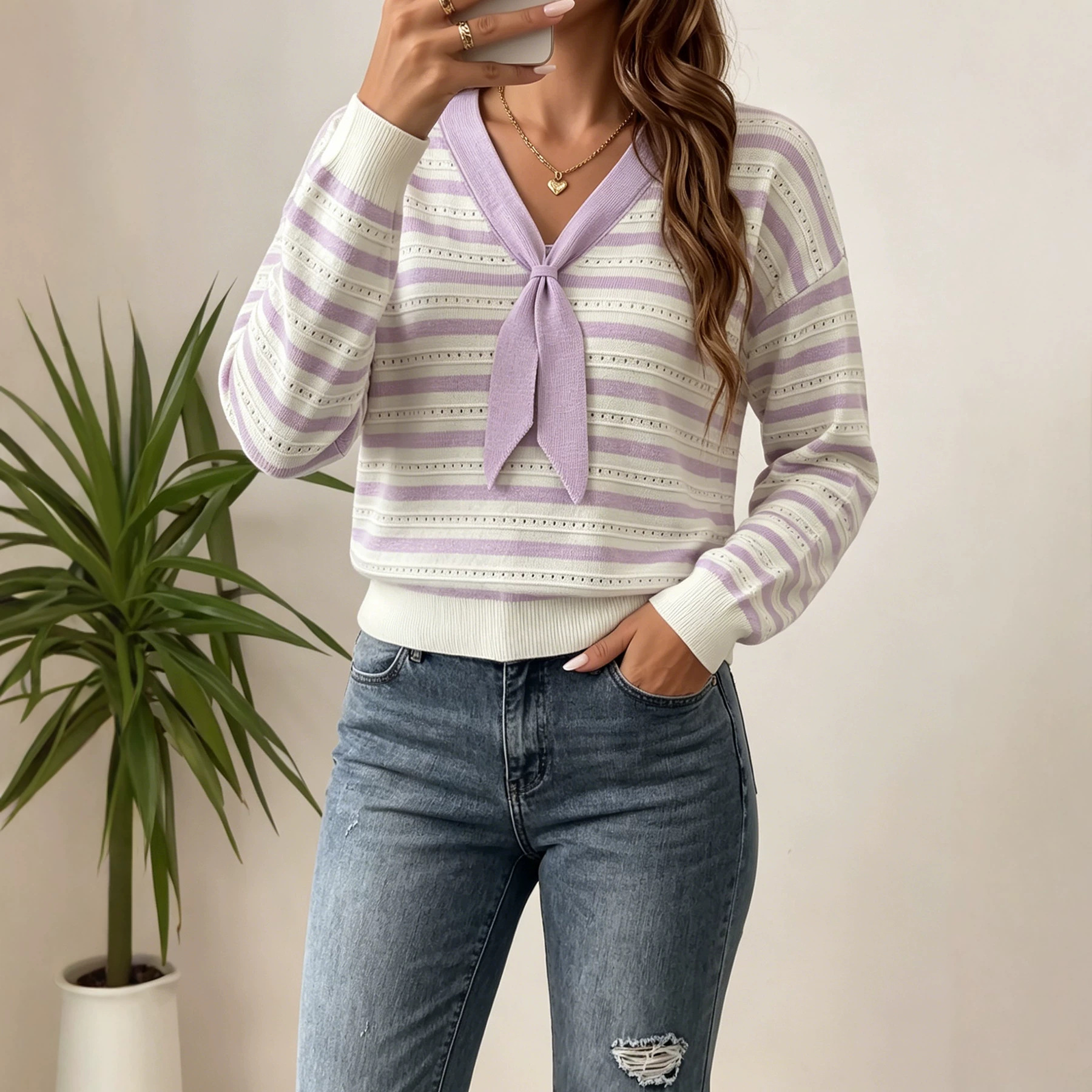 Lightweight Breathable Long-Sleeve Knit Pullover with Color-Block Stripes and Cutout Tie-Waist