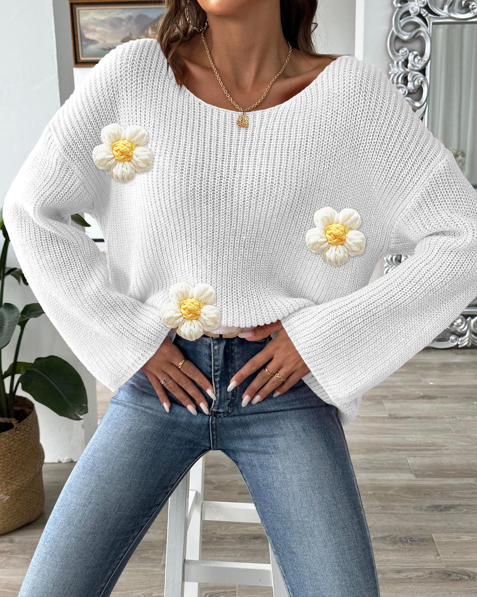 Women's Off-Shoulder Pullover Sweater with Flared Sleeves and Floral Appliqué