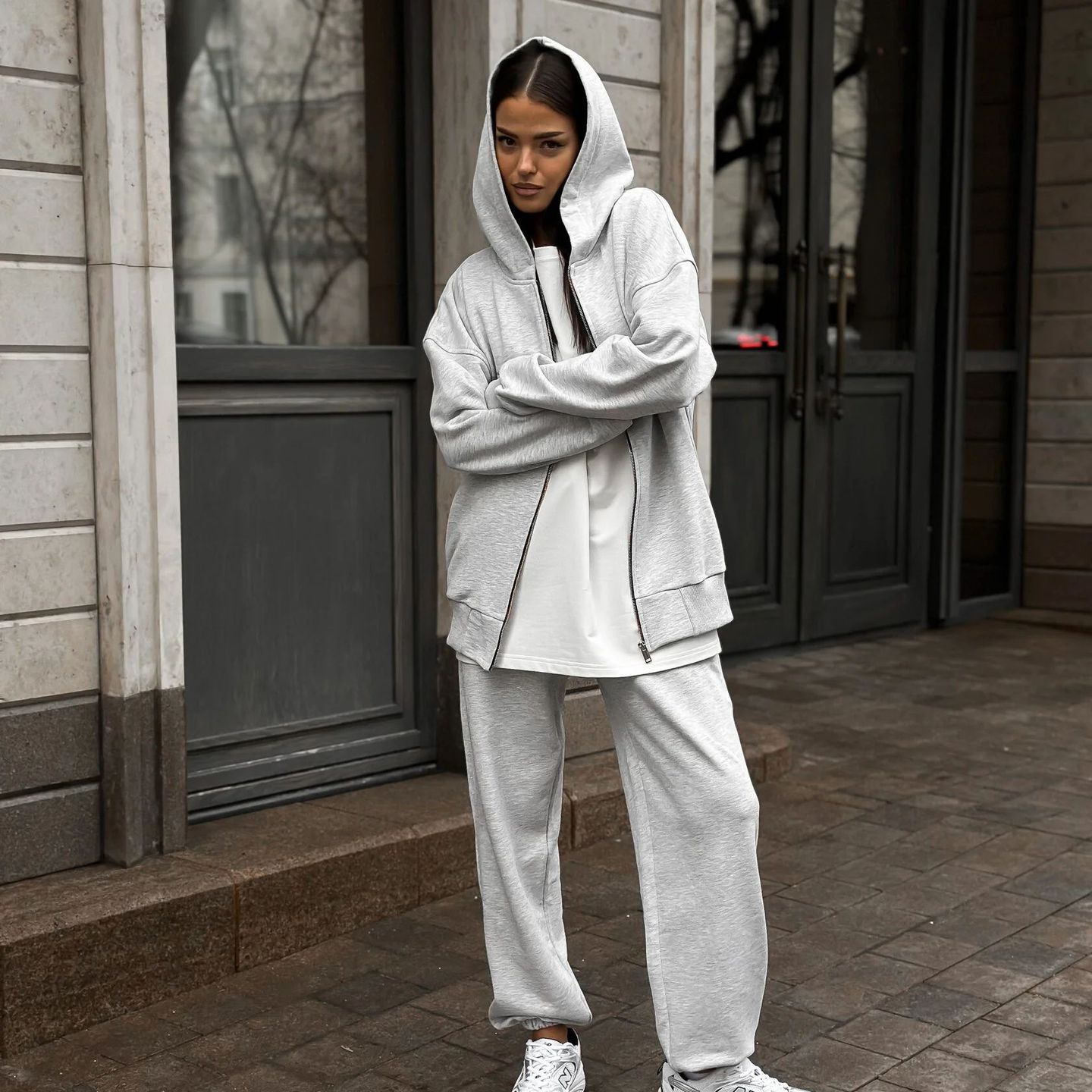 Women's American-Style Zip-Up Hooded Cardigan and Pants Two-Piece Set