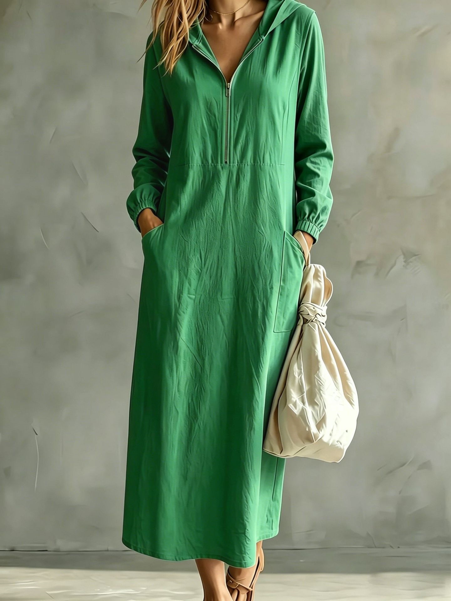 Hooded Half-Zip Long-Sleeve Cotton-Linen Maxi Dress with Cuffed Sleeves