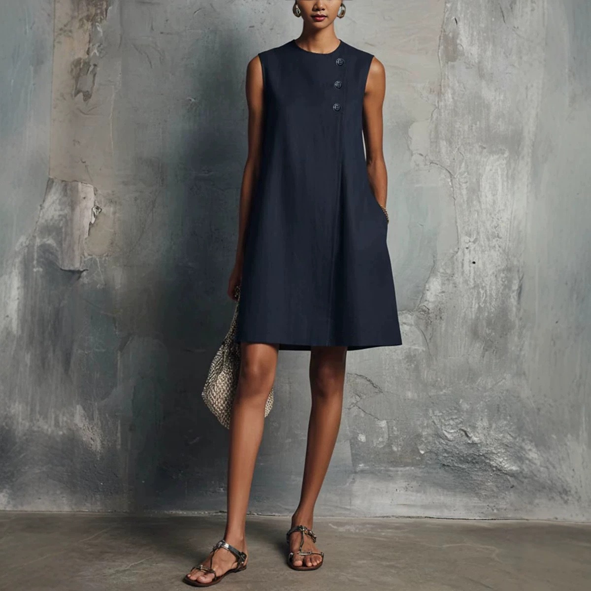Minimalist Crewneck Sleeveless Dress with Asymmetric Buttons and Side Pockets