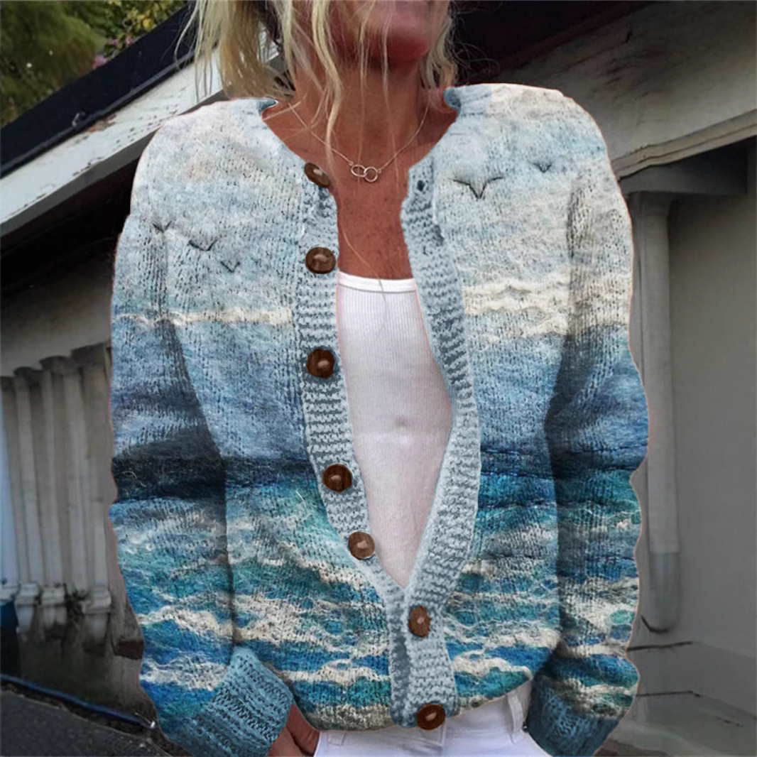 3D Digital Print Open-Front Knit Cardigan Sweater for Women