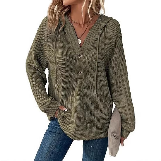 Women's Waffle Knit Drawstring Button V-Neck Hooded Sweatshirt