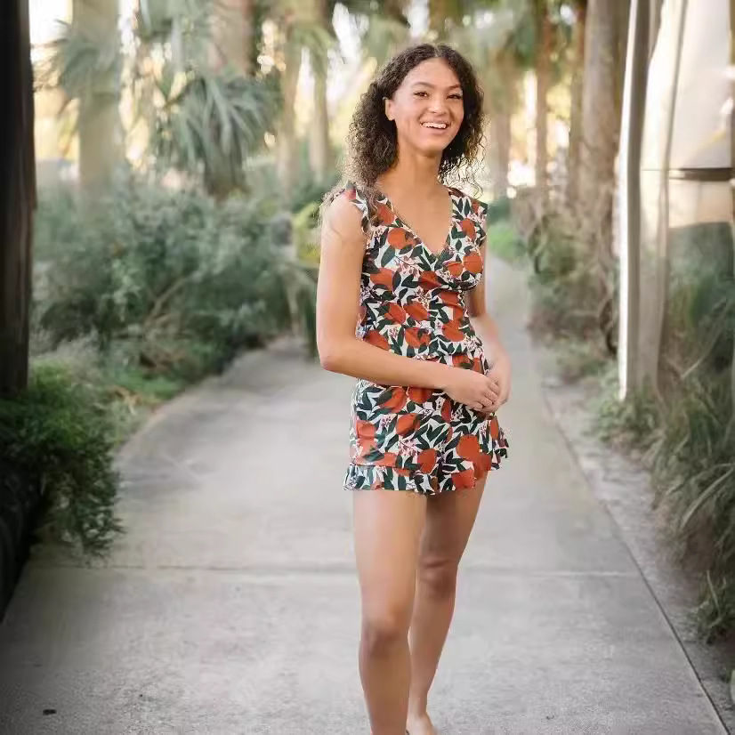 Women's One-Piece Swimsuit with Built-in Bra, Printed Ruffle Sleeve, Boy Short