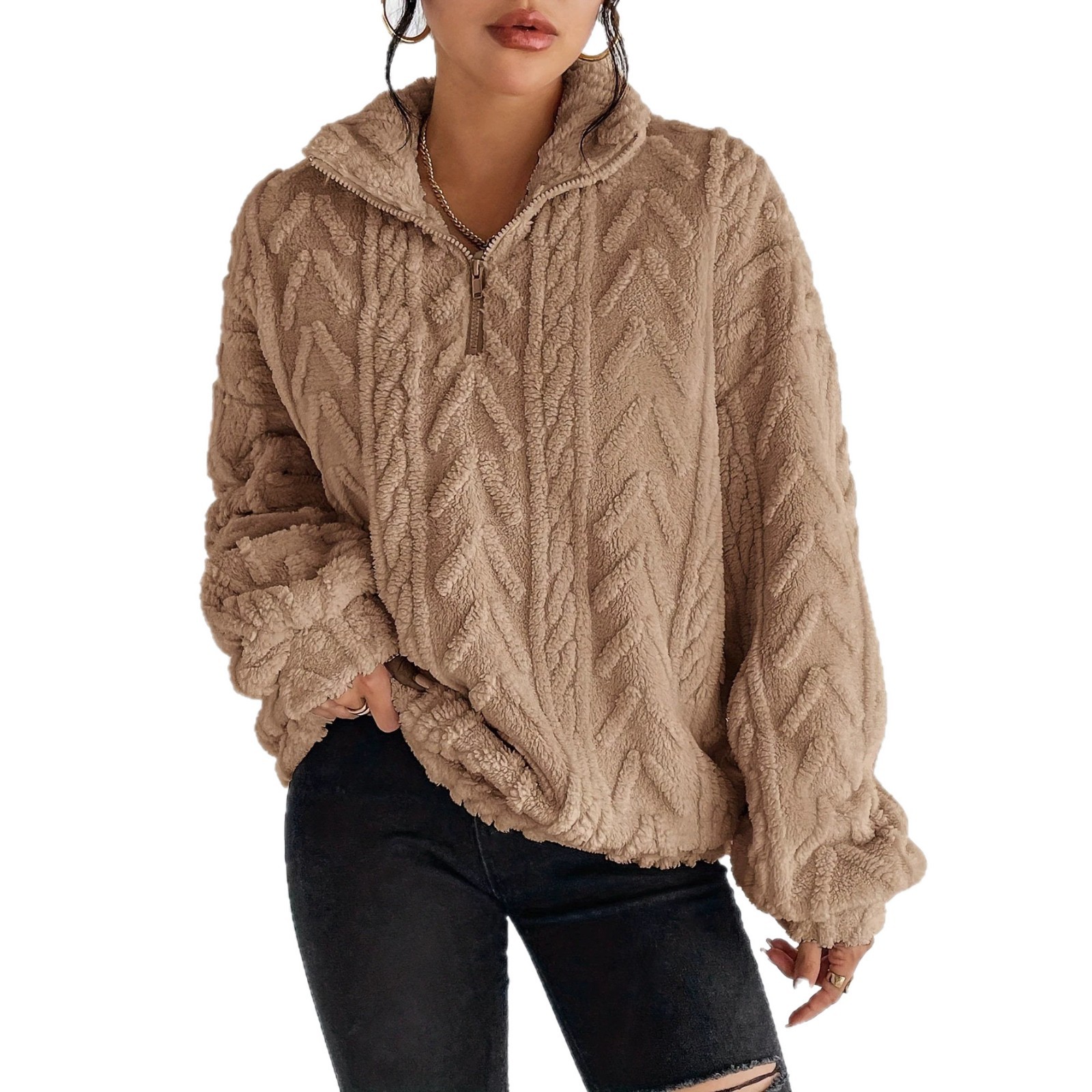 Women's Double-Sided Fleece Pullover Zip-Up Top