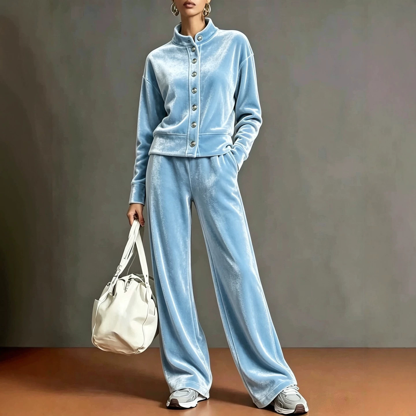 Women's Velvet Stand-Collar Cardigan Hoodie & Wide-Leg Pants Set
